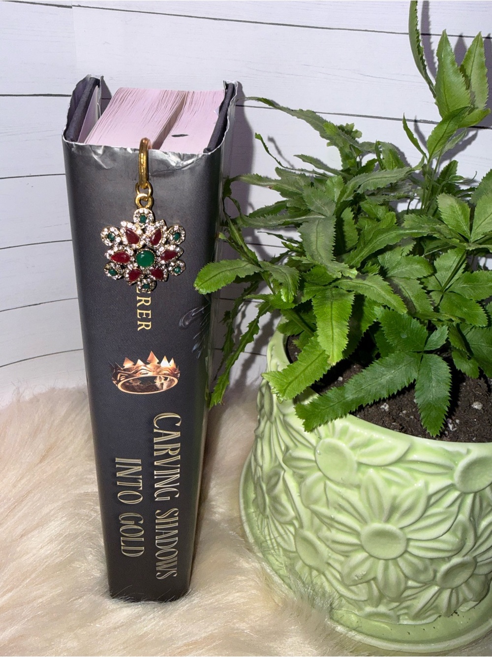 Gold-Tone Red & Green Rhinestone Charm Bookmark